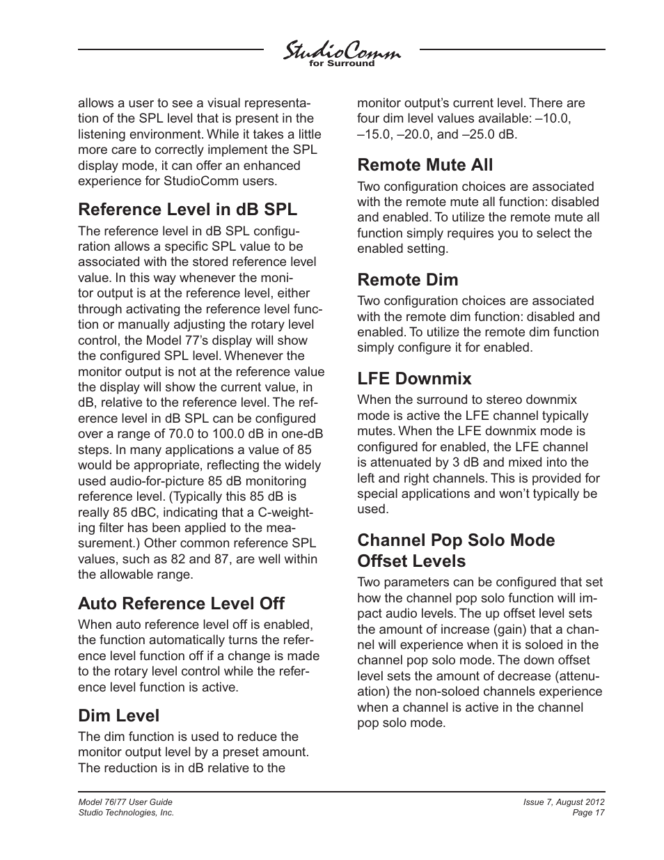 Reference level in db spl, Auto reference level off, Dim level | Remote mute all, Remote dim, Lfe downmix, Channel pop solo mode offset levels | Studio Technologies 76 V.1.10 User Manual | Page 17 / 37