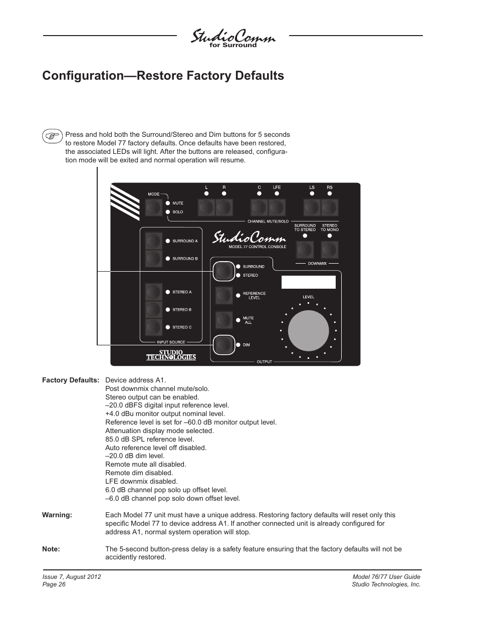 Conﬁguration—restore factory defaults | Studio Technologies 76 V.1.10 User Manual | Page 26 / 37