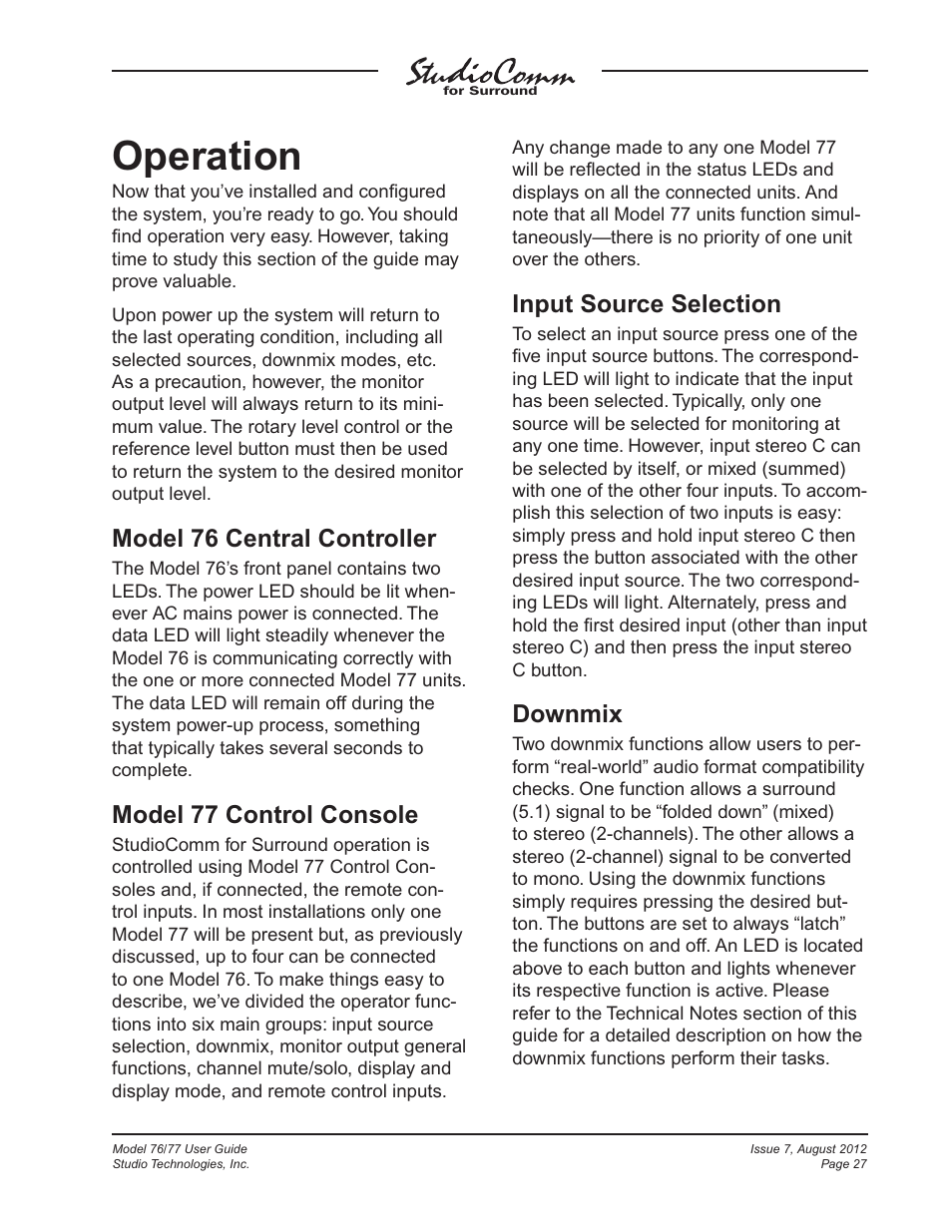 Operation, Model 76 central controller, Model 77 control console | Input source selection, Downmix | Studio Technologies 76 V.1.10 User Manual | Page 27 / 37