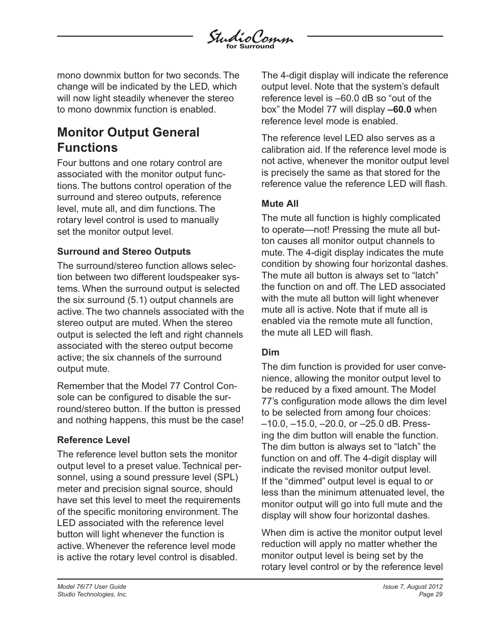 Monitor output general functions | Studio Technologies 76 V.1.10 User Manual | Page 29 / 37