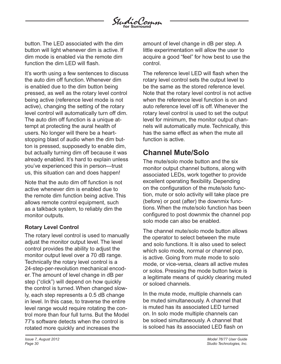 Channel mute/solo | Studio Technologies 76 V.1.10 User Manual | Page 30 / 37