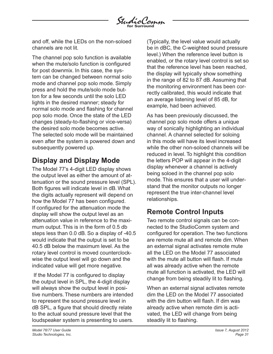 Display and display mode, Remote control inputs | Studio Technologies 76 V.1.10 User Manual | Page 31 / 37