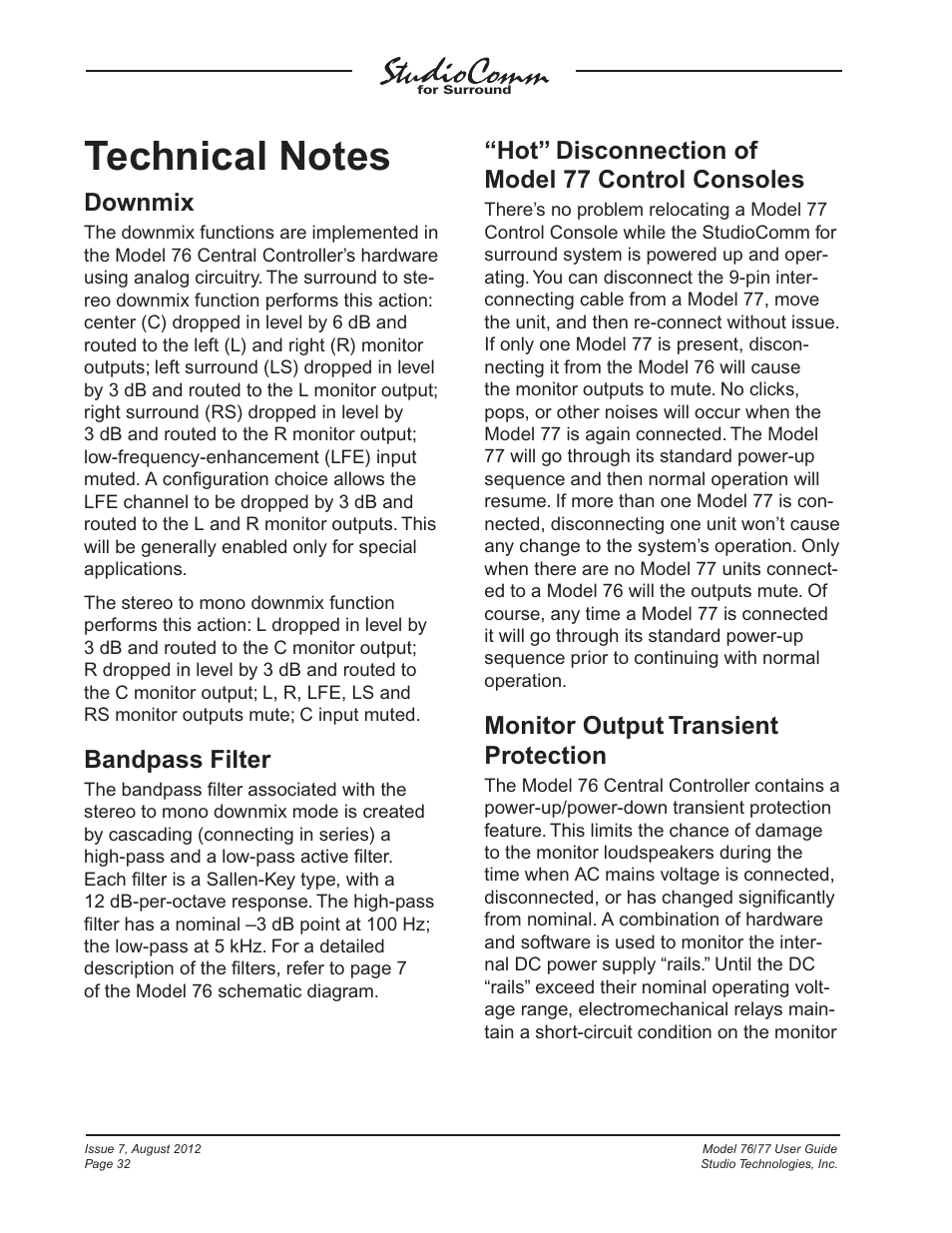 Technical notes, Downmix, Bandpass filter | Hot” disconnection of model 77 control consoles, Monitor output transient protection | Studio Technologies 76 V.1.10 User Manual | Page 32 / 37