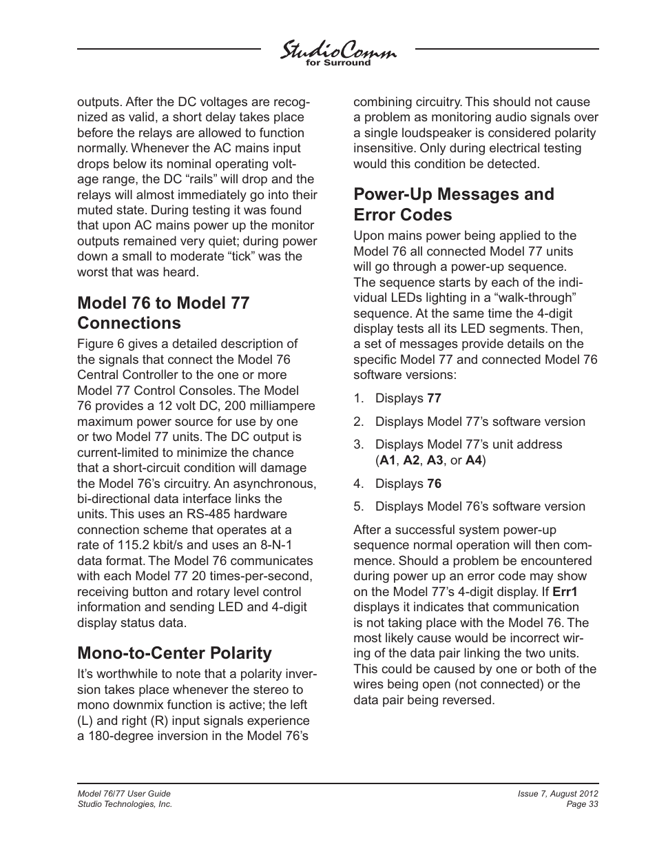 Model 76 to model 77 connections, Mono-to-center polarity, Power-up messages and error codes | Studio Technologies 76 V.1.10 User Manual | Page 33 / 37