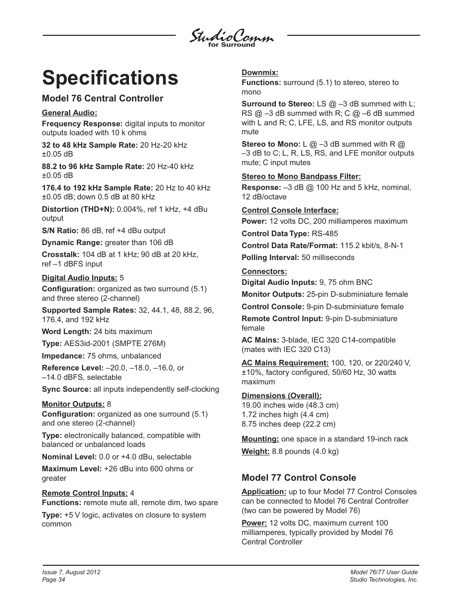 Specifications, Speciﬁcations | Studio Technologies 76 V.1.10 User Manual | Page 34 / 37