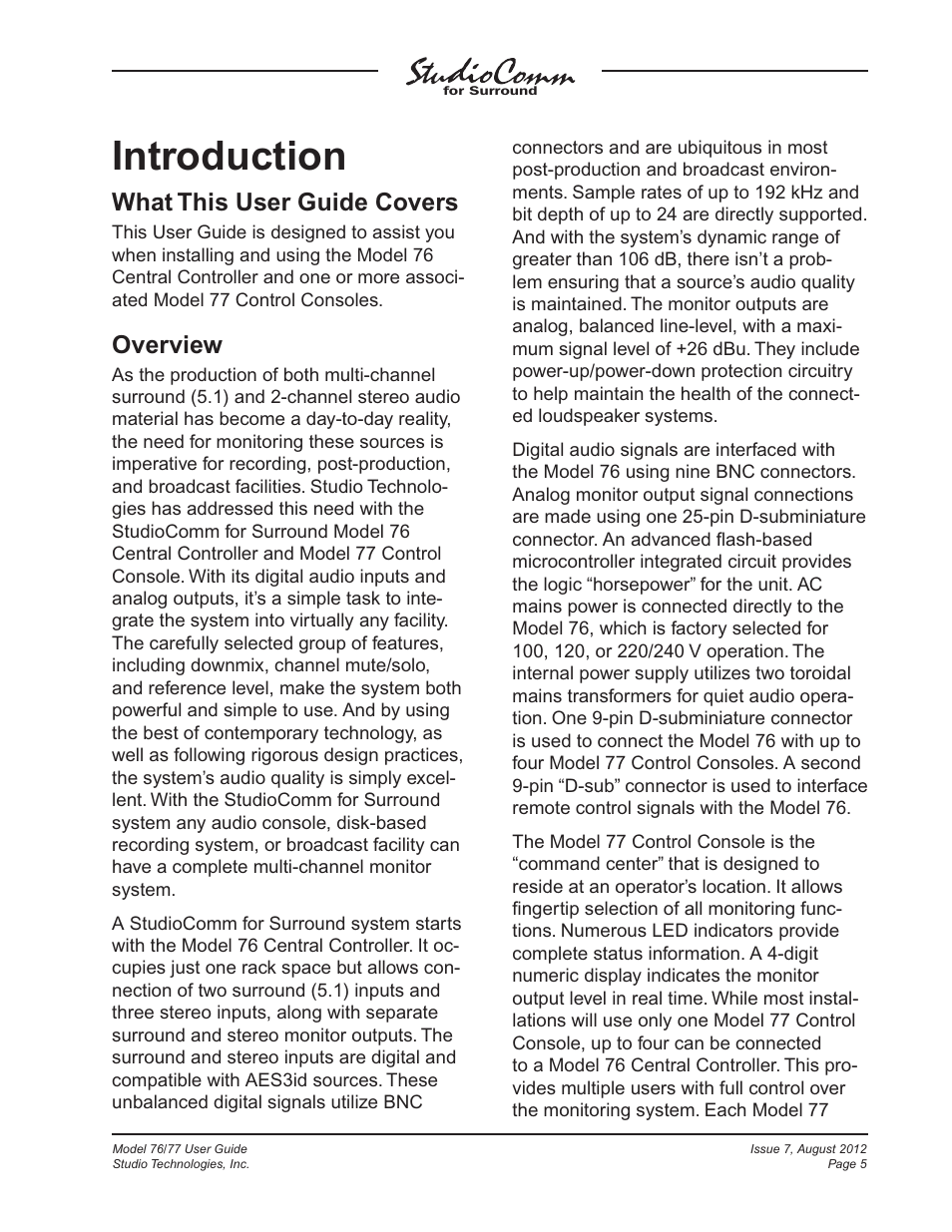 Introduction, What this user guide covers, Overview | Studio Technologies 76 V.1.10 User Manual | Page 5 / 37