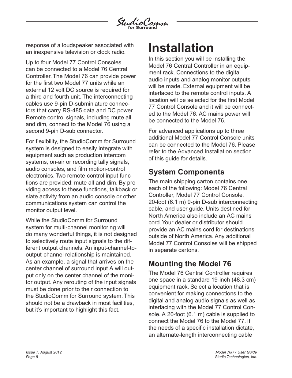 Installation, System components, Mounting the model 76 | Studio Technologies 76 V.1.10 User Manual | Page 8 / 37