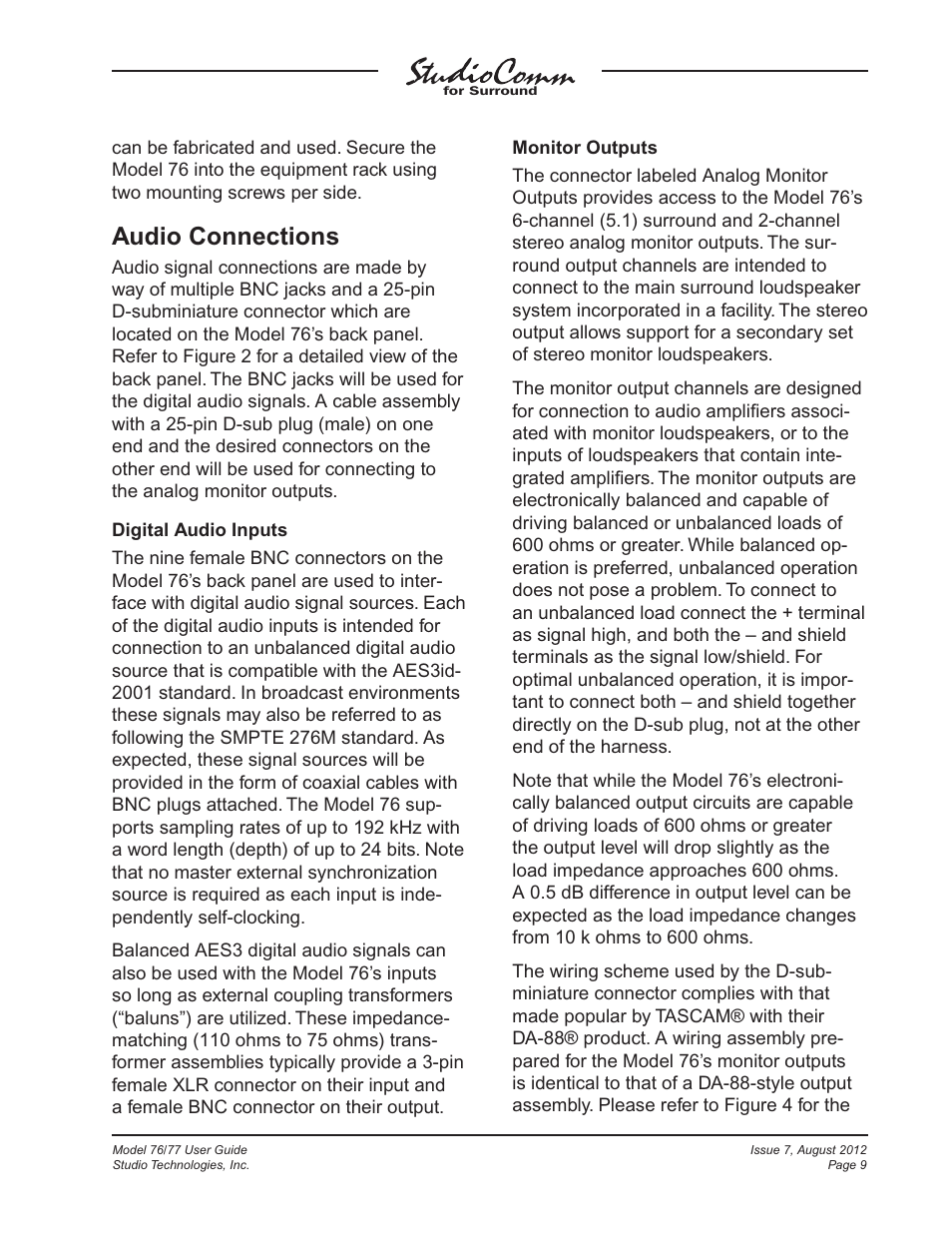 Audio connections | Studio Technologies 76 V.1.10 User Manual | Page 9 / 37