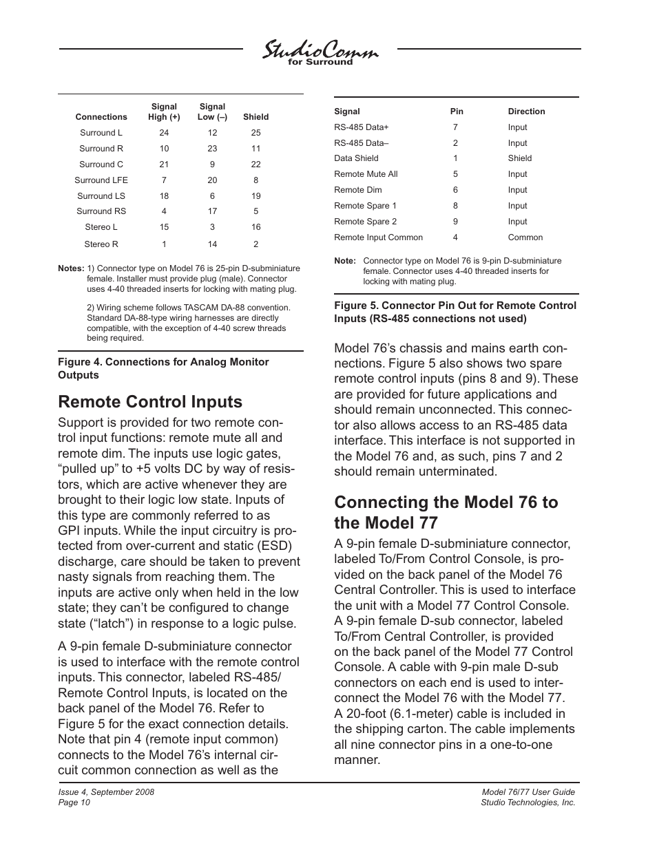 Remote control inputs, Connecting the model 76 to the model 77 | Studio Technologies 76 V.1.04 User Manual | Page 10 / 37