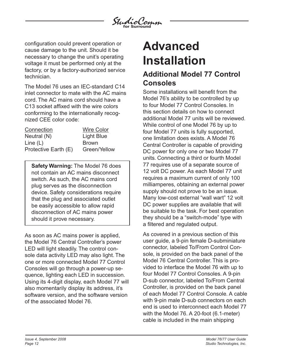 Advanced installation, Additional model 77 control consoles | Studio Technologies 76 V.1.04 User Manual | Page 12 / 37