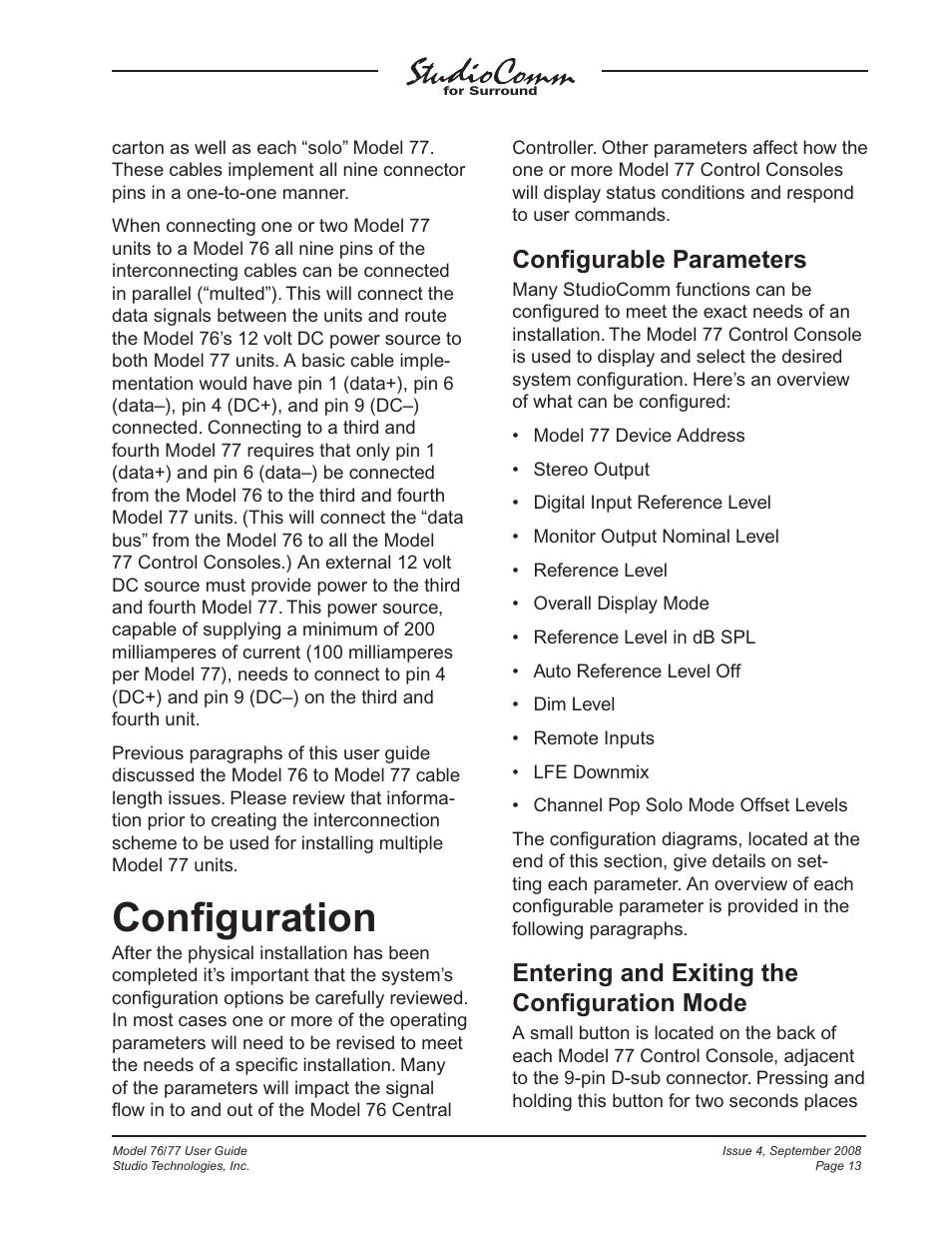 Configuration, Confi guration, Confi gurable parameters | Entering and exiting the confi guration mode | Studio Technologies 76 V.1.04 User Manual | Page 13 / 37