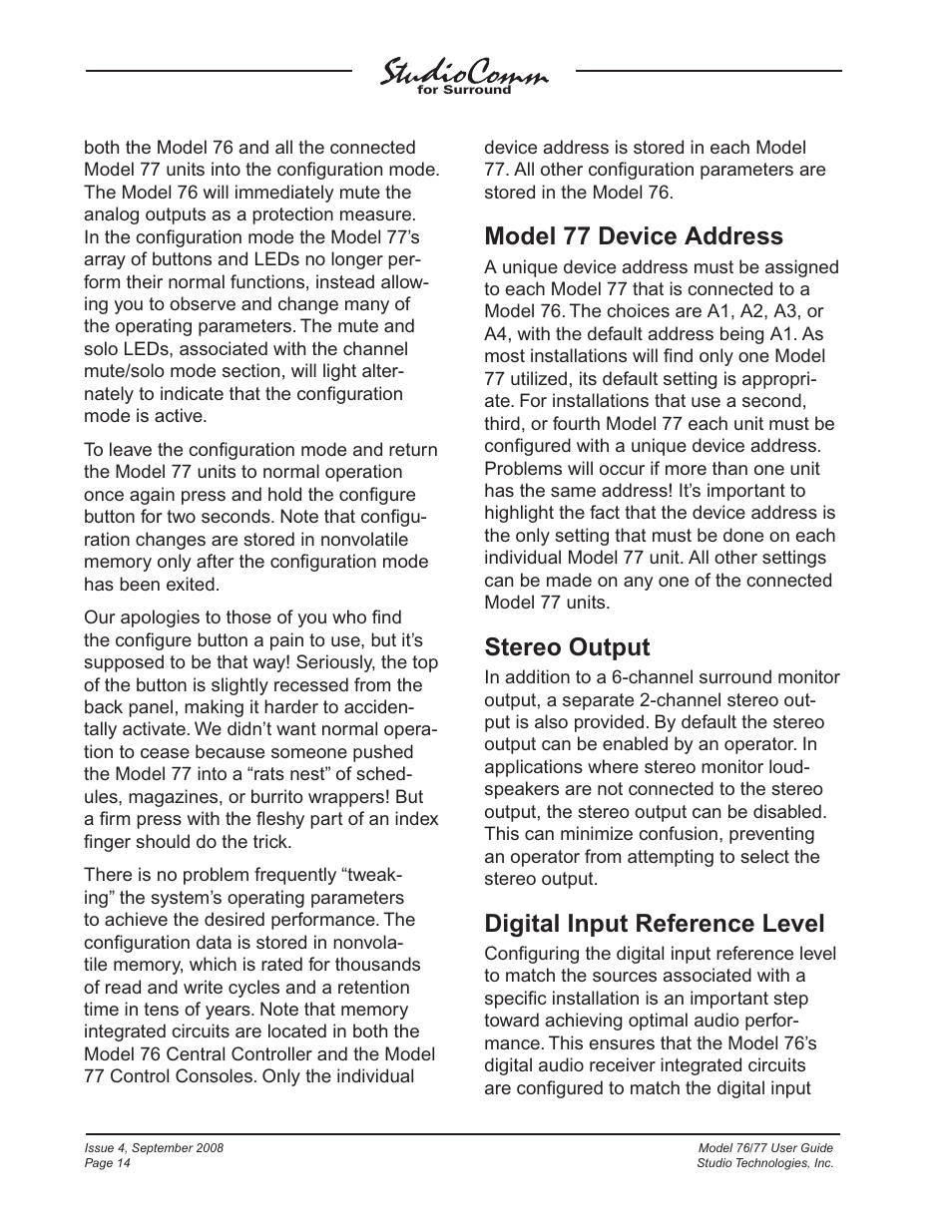 Model 77 device address, Stereo output, Digital input reference level | Studio Technologies 76 V.1.04 User Manual | Page 14 / 37