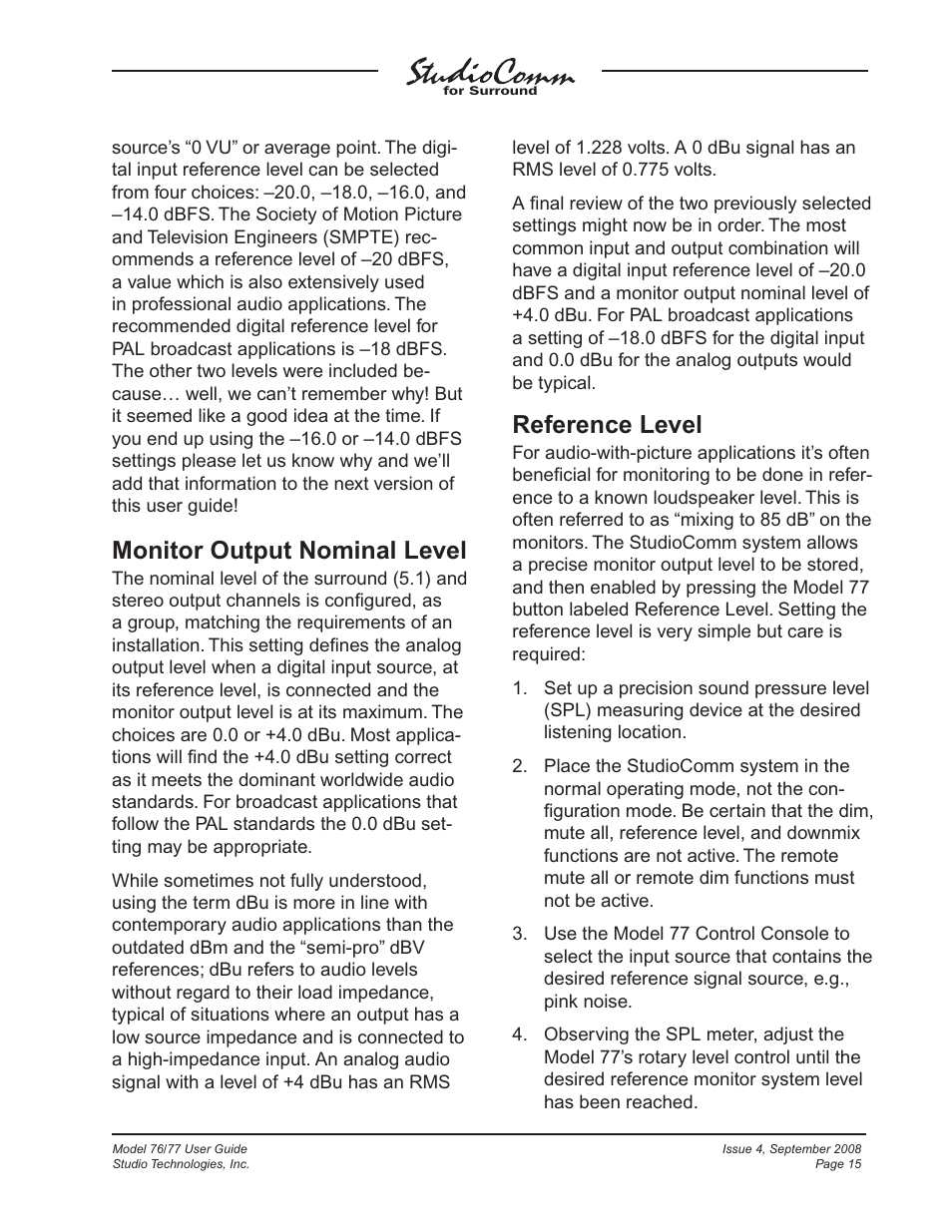 Monitor output nominal level, Reference level | Studio Technologies 76 V.1.04 User Manual | Page 15 / 37