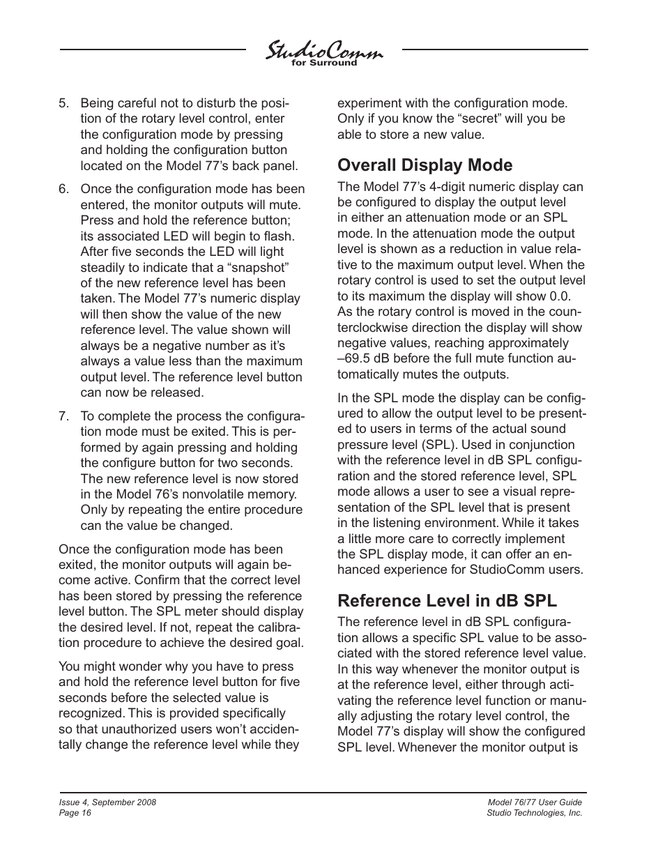 Overall display mode, Reference level in db spl | Studio Technologies 76 V.1.04 User Manual | Page 16 / 37