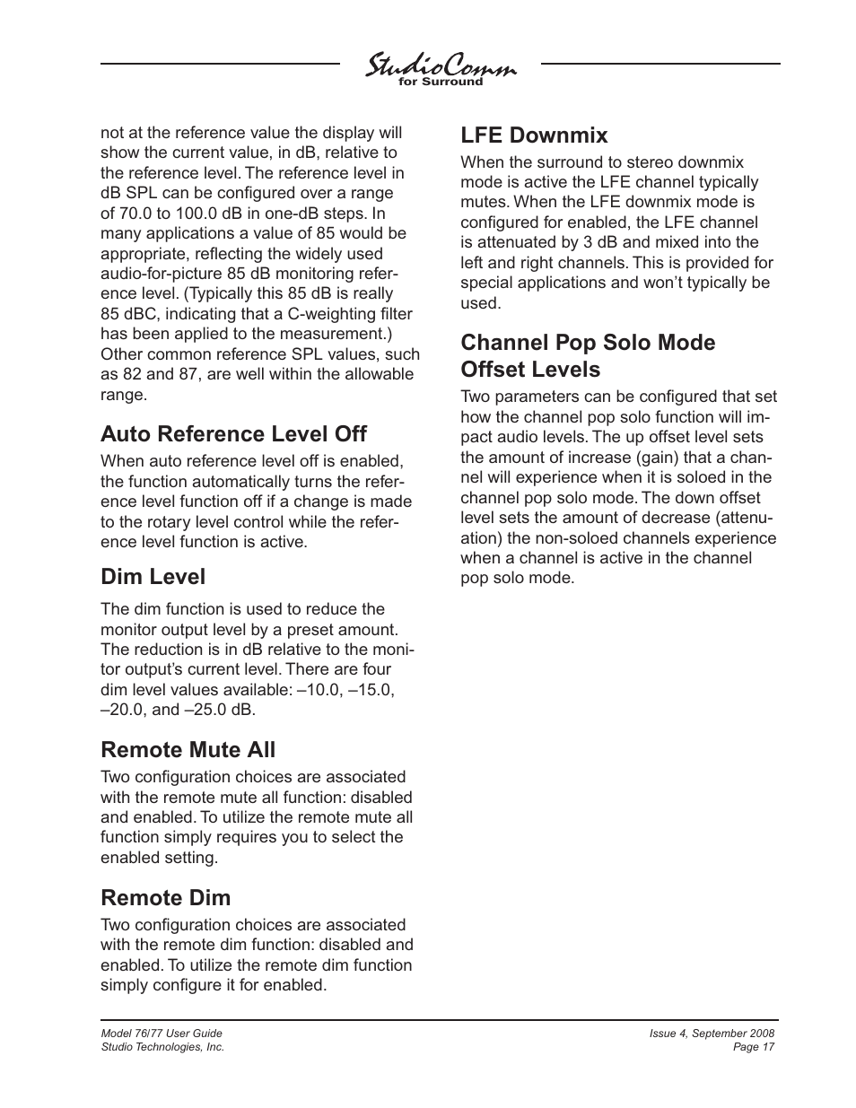 Auto reference level off, Dim level, Remote mute all | Remote dim, Lfe downmix, Channel pop solo mode offset levels | Studio Technologies 76 V.1.04 User Manual | Page 17 / 37