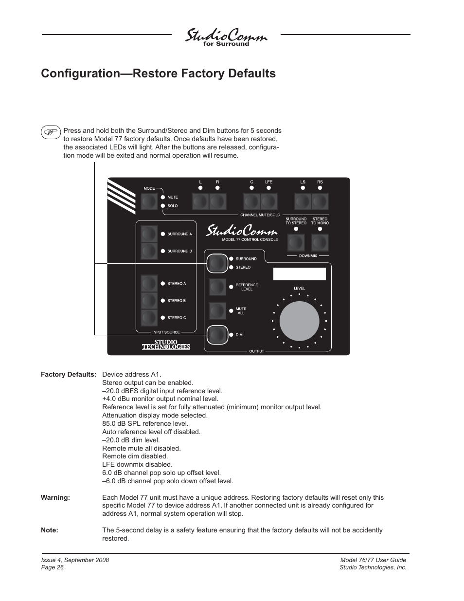 Confi guration—restore factory defaults | Studio Technologies 76 V.1.04 User Manual | Page 26 / 37