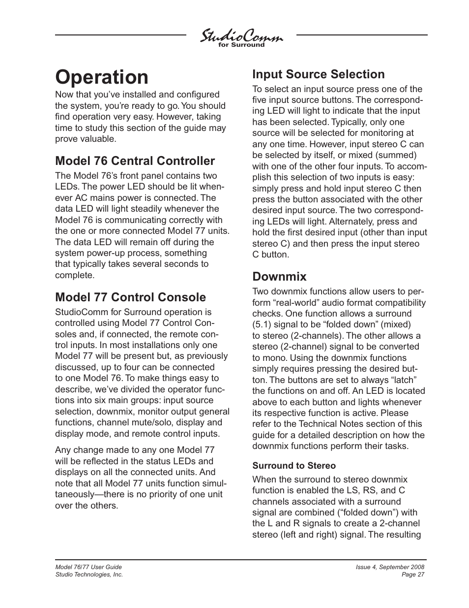 Operation, Model 76 central controller, Model 77 control console | Input source selection, Downmix | Studio Technologies 76 V.1.04 User Manual | Page 27 / 37