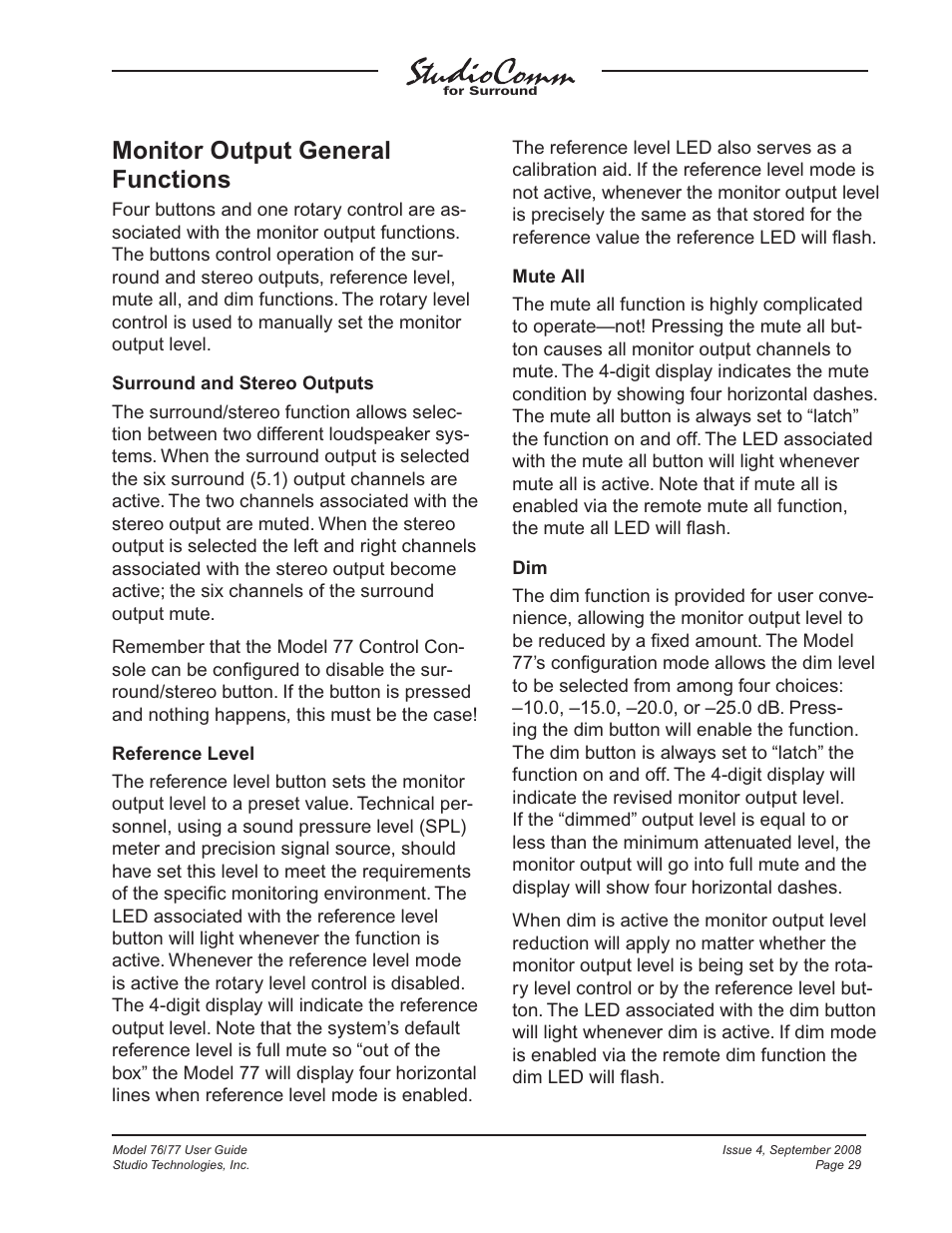 Monitor output general functions | Studio Technologies 76 V.1.04 User Manual | Page 29 / 37