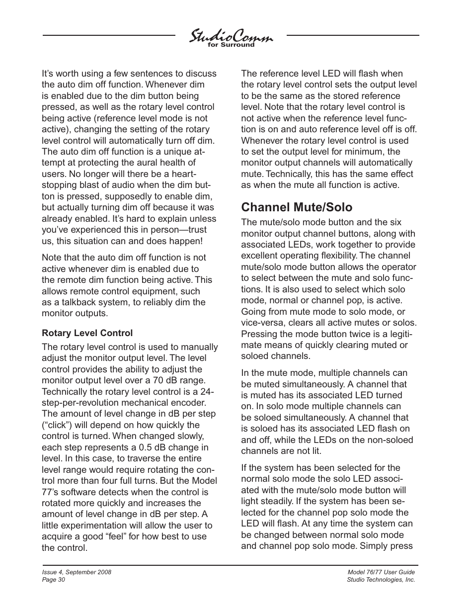 Channel mute/solo | Studio Technologies 76 V.1.04 User Manual | Page 30 / 37