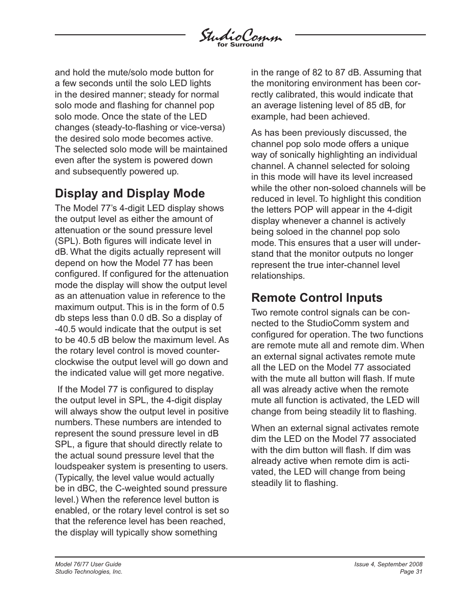 Display and display mode, Remote control inputs | Studio Technologies 76 V.1.04 User Manual | Page 31 / 37