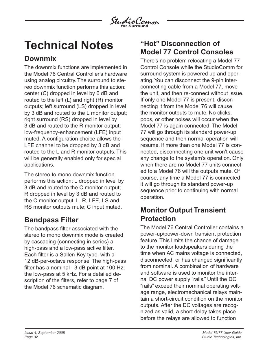 Technical notes, Downmix, Bandpass filter | Hot” disconnection of model 77 control consoles, Monitor output transient protection | Studio Technologies 76 V.1.04 User Manual | Page 32 / 37