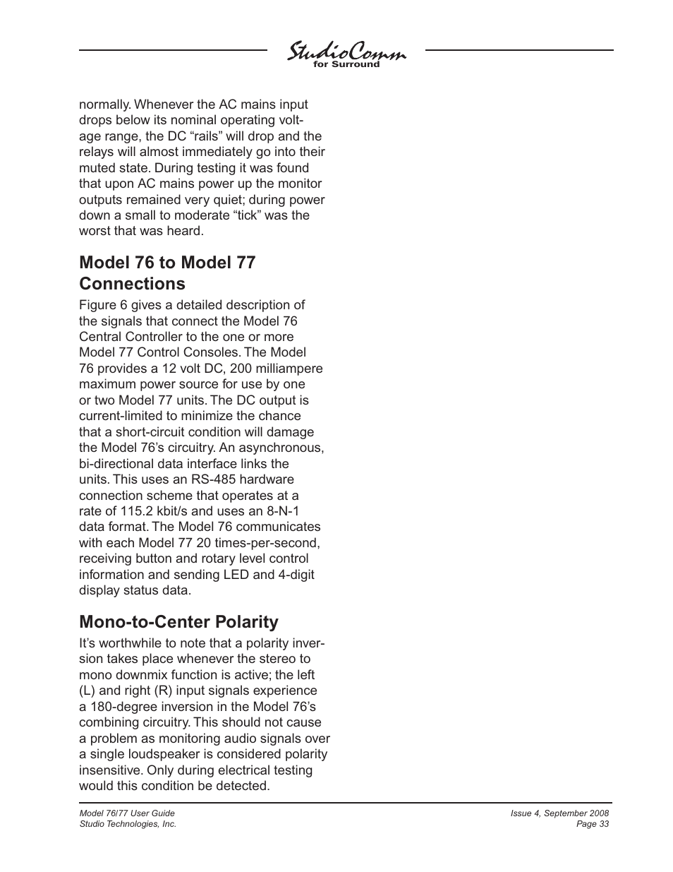 Model 76 to model 77 connections, Mono-to-center polarity | Studio Technologies 76 V.1.04 User Manual | Page 33 / 37