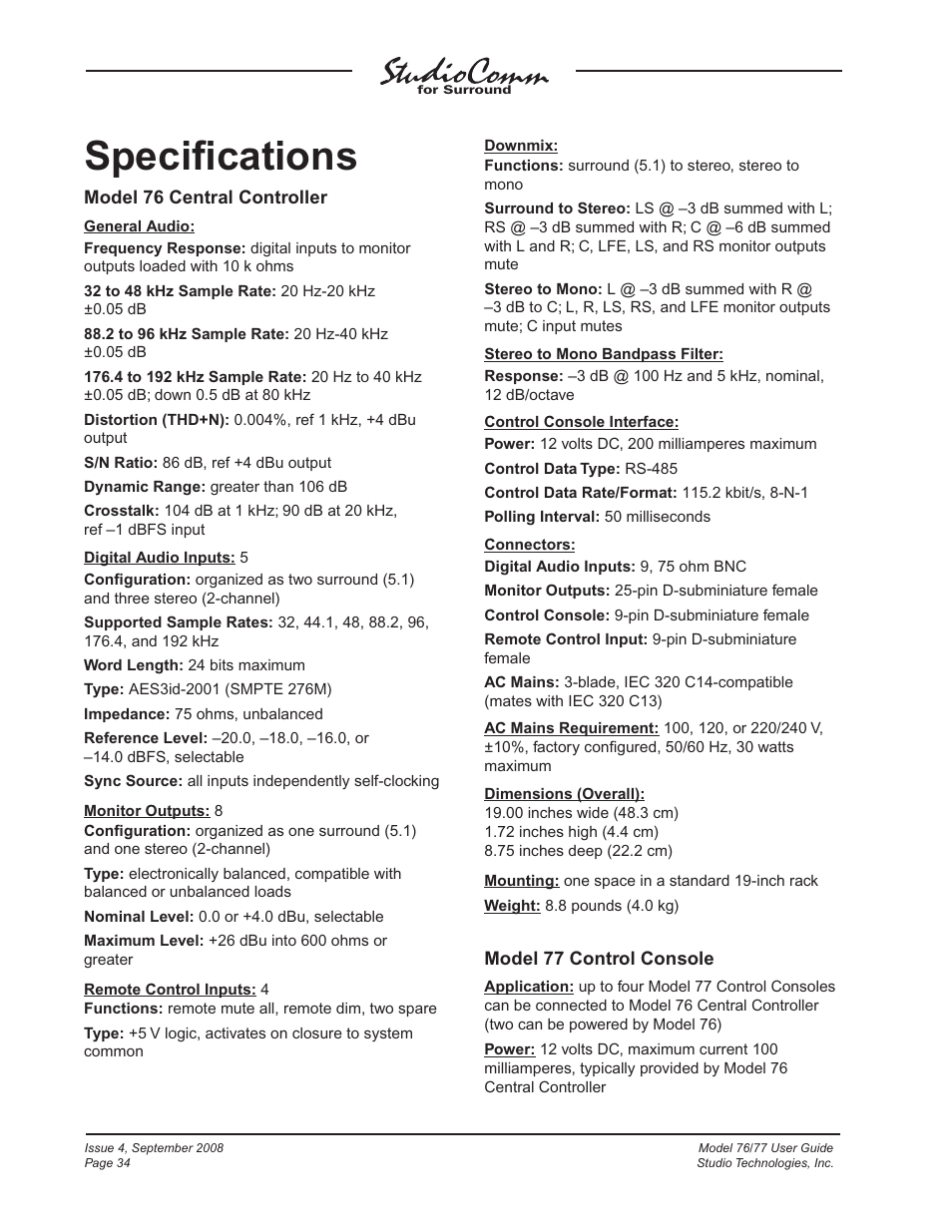 Specifications, Specifi cations | Studio Technologies 76 V.1.04 User Manual | Page 34 / 37