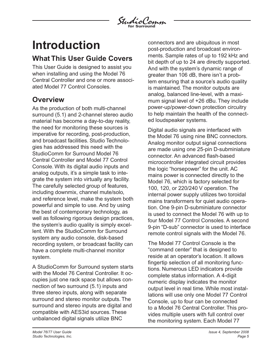 Introduction, What this user guide covers, Overview | Studio Technologies 76 V.1.04 User Manual | Page 5 / 37