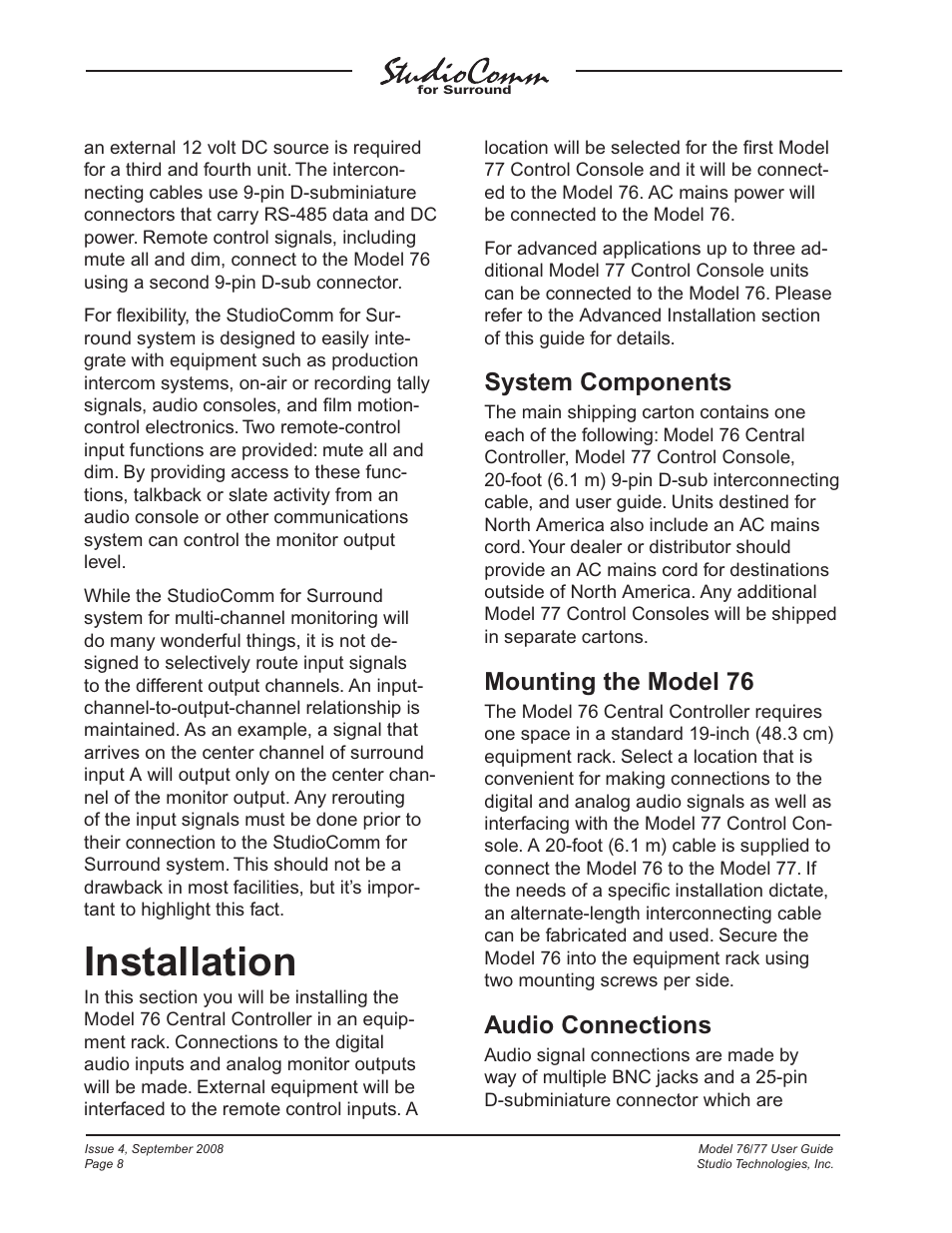 Installation, System components, Mounting the model 76 | Audio connections | Studio Technologies 76 V.1.04 User Manual | Page 8 / 37