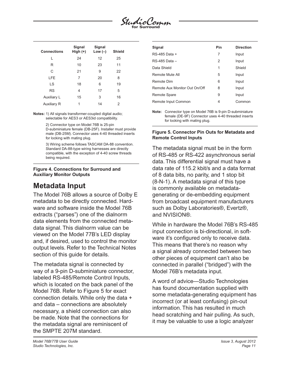 Metadata input | Studio Technologies 76B 2012 User Manual | Page 11 / 45