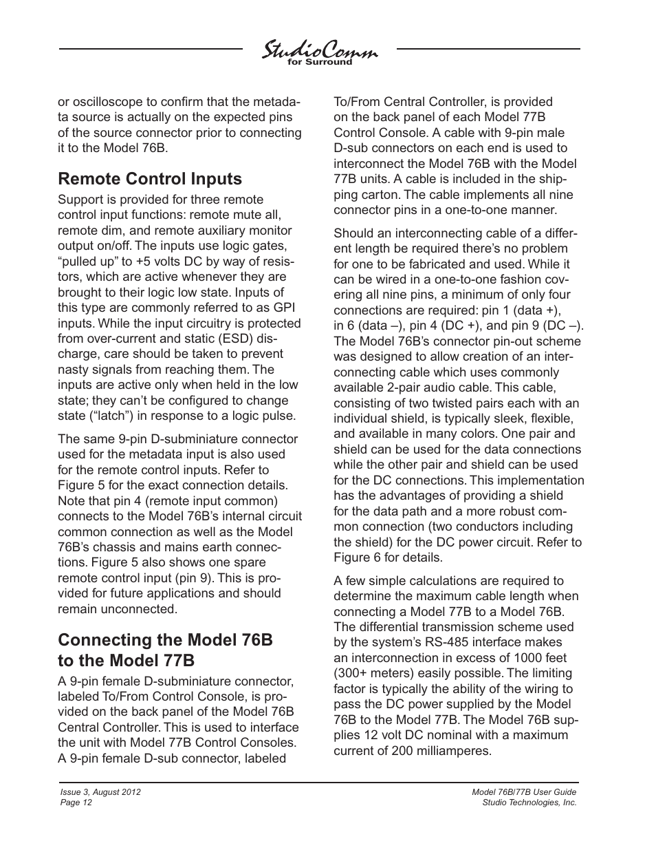 Remote control inputs, Connecting the model 76b to the model 77b | Studio Technologies 76B 2012 User Manual | Page 12 / 45