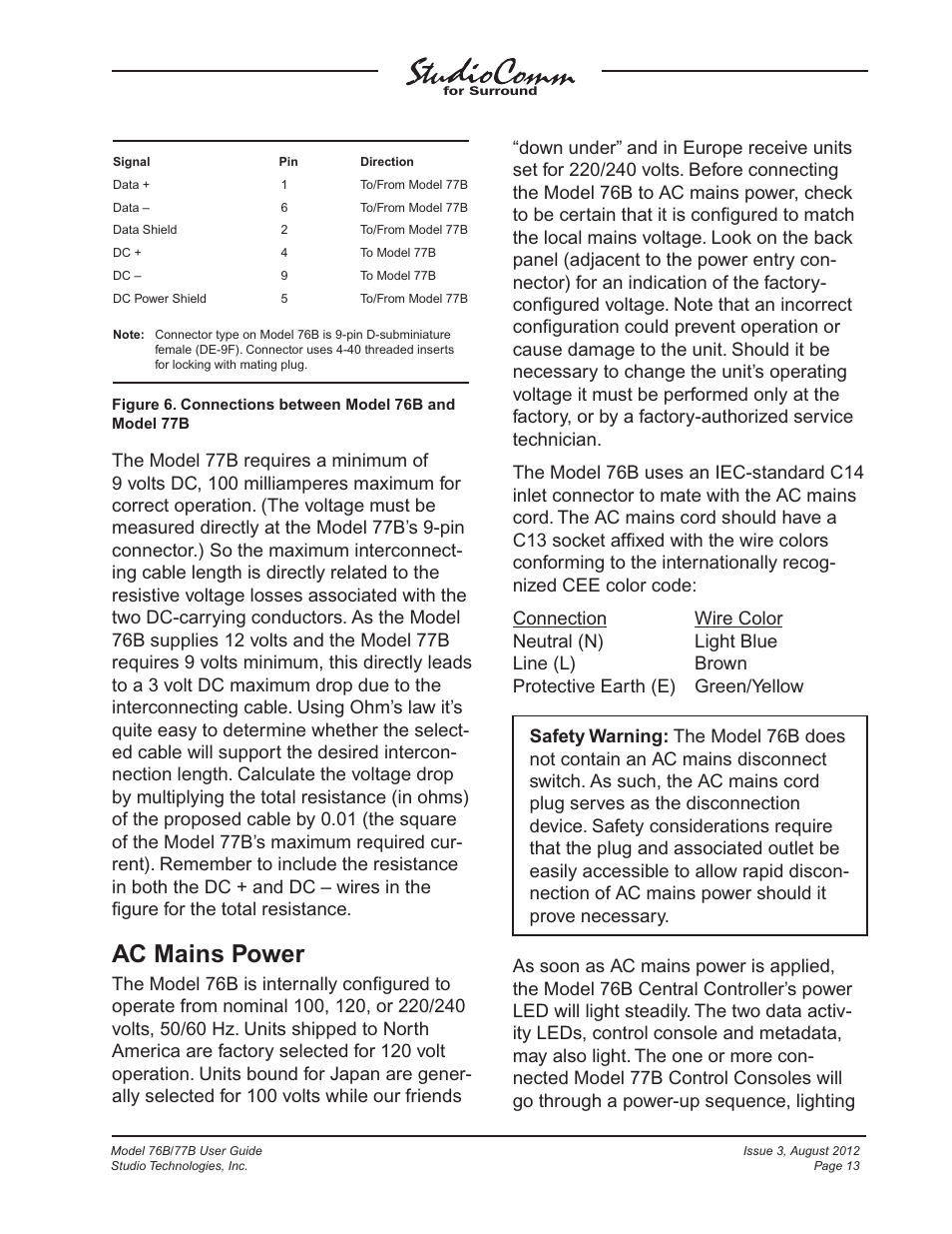 Ac mains power | Studio Technologies 76B 2012 User Manual | Page 13 / 45