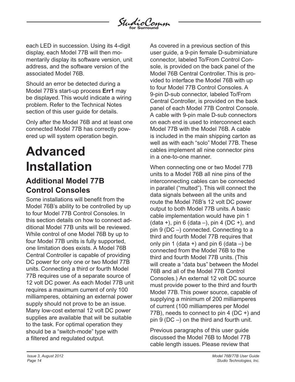Advanced installation, Additional model 77b control consoles | Studio Technologies 76B 2012 User Manual | Page 14 / 45