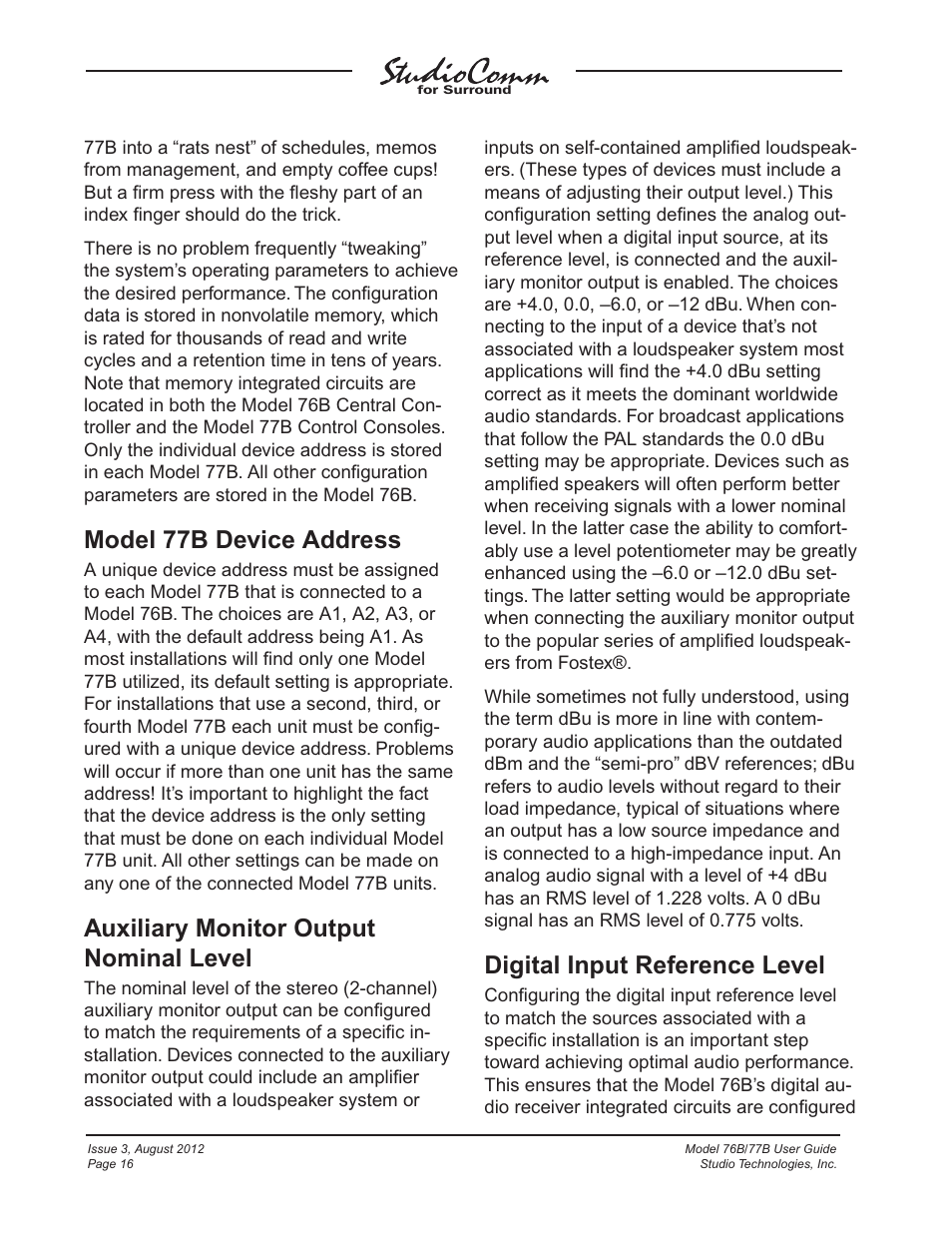 Model 77b device address, Auxiliary monitor output nominal level, Digital input reference level | Studio Technologies 76B 2012 User Manual | Page 16 / 45