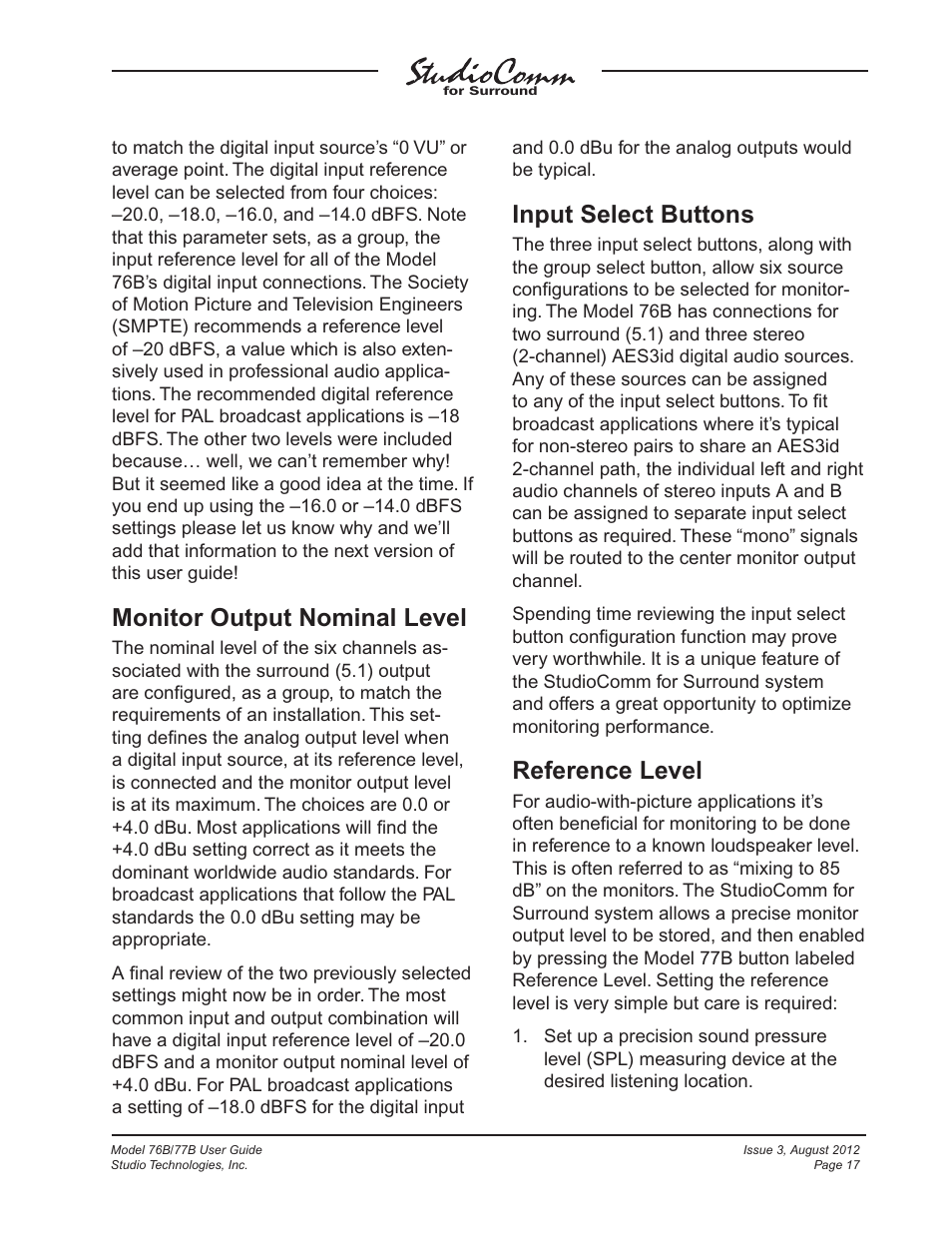 Monitor output nominal level, Input select buttons, Reference level | Studio Technologies 76B 2012 User Manual | Page 17 / 45