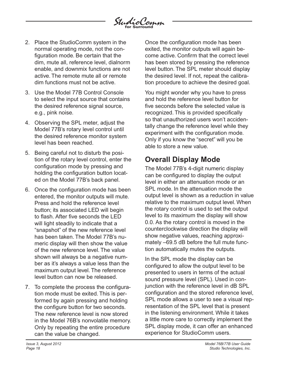 Overall display mode | Studio Technologies 76B 2012 User Manual | Page 18 / 45