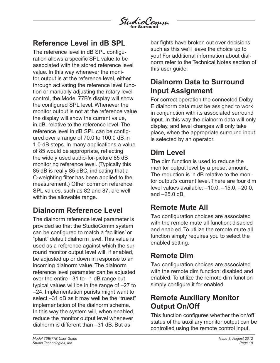 Reference level in db spl, Dialnorm reference level, Dialnorm data to surround input assignment | Dim level, Remote mute all, Remote dim, Remote auxiliary monitor output on/off | Studio Technologies 76B 2012 User Manual | Page 19 / 45