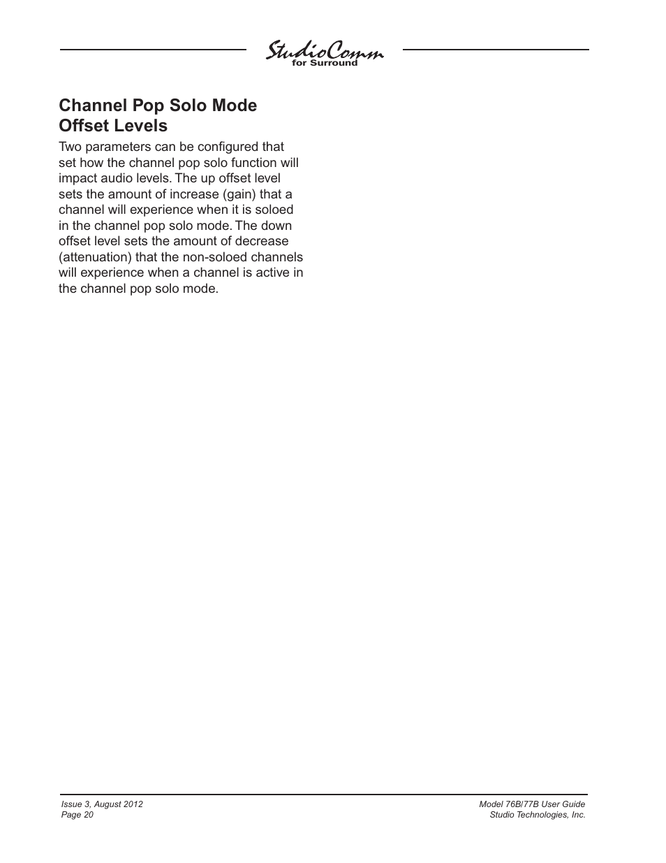 Channel pop solo mode offset levels | Studio Technologies 76B 2012 User Manual | Page 20 / 45