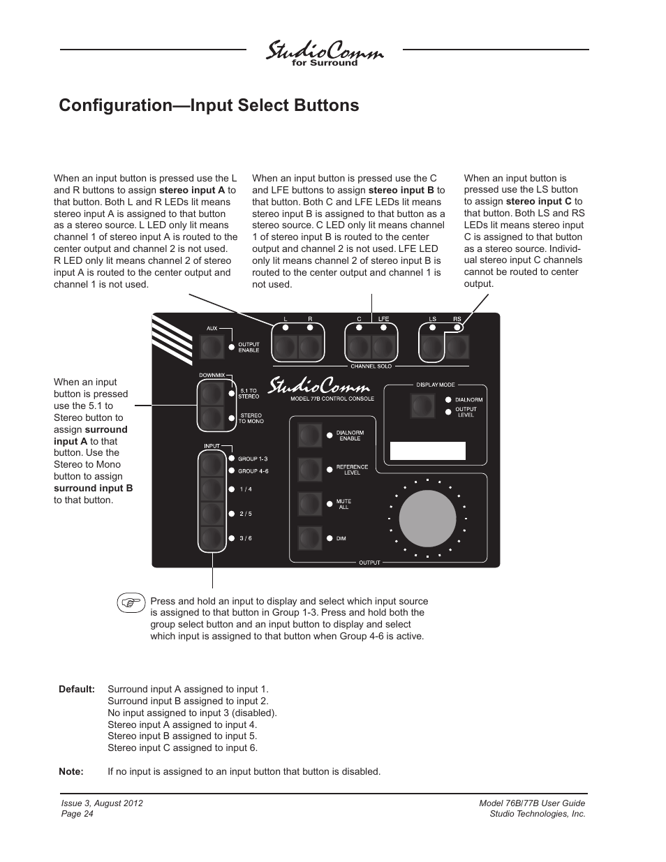 Conﬁguration—input select buttons | Studio Technologies 76B 2012 User Manual | Page 24 / 45