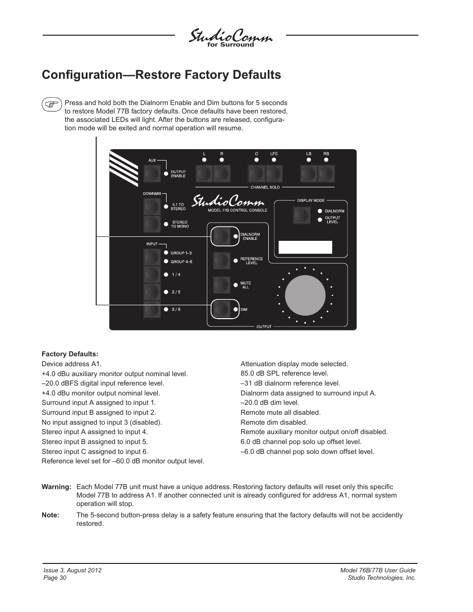 Conﬁguration—restore factory defaults | Studio Technologies 76B 2012 User Manual | Page 30 / 45
