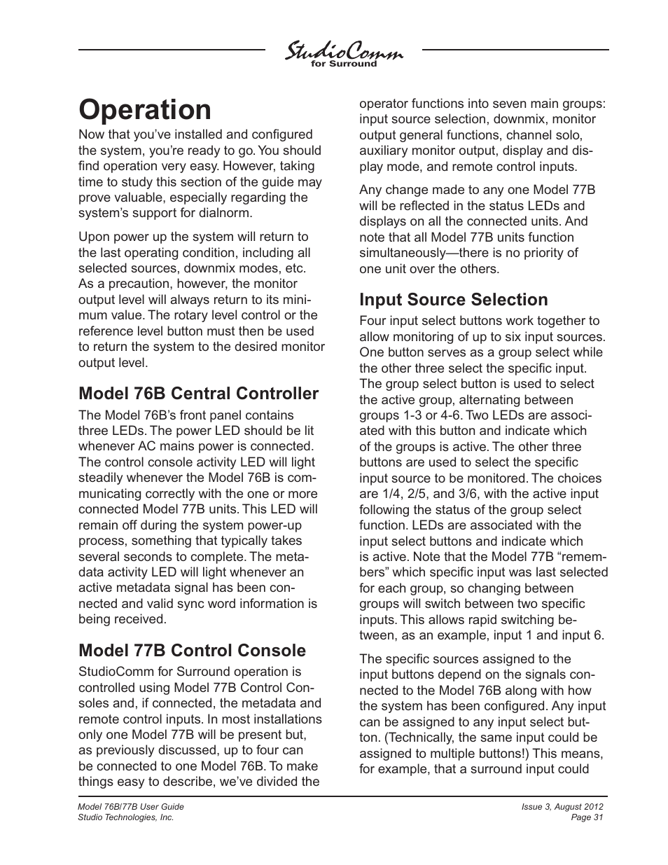 Operation, Model 76b central controller, Model 77b control console | Input source selection | Studio Technologies 76B 2012 User Manual | Page 31 / 45