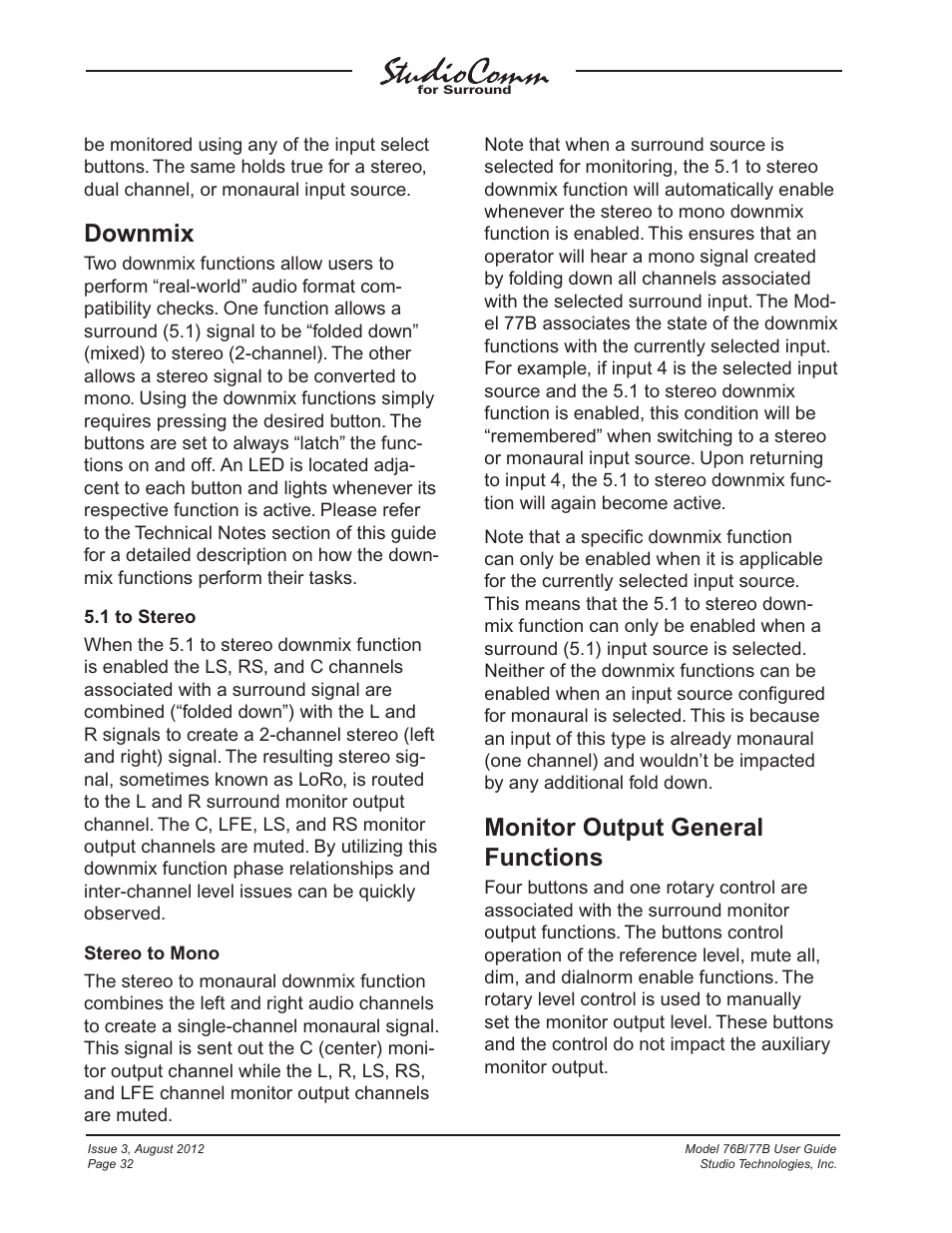 Downmix, Monitor output general functions | Studio Technologies 76B 2012 User Manual | Page 32 / 45