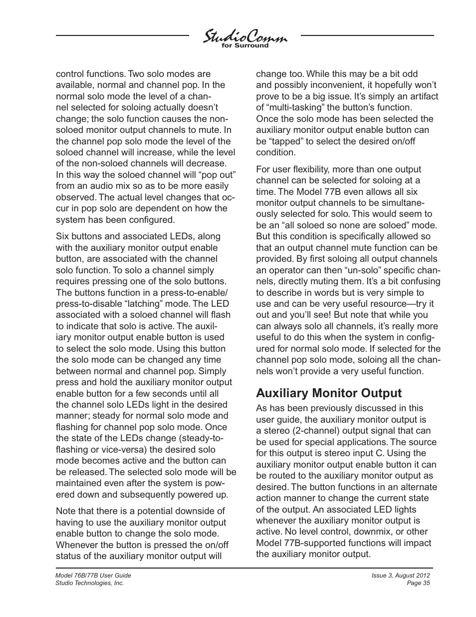Auxiliary monitor output | Studio Technologies 76B 2012 User Manual | Page 35 / 45