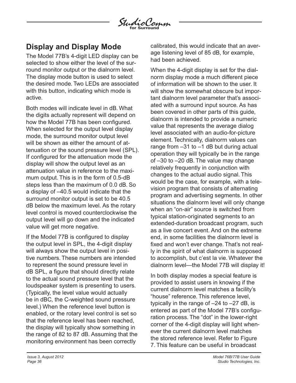 Display and display mode | Studio Technologies 76B 2012 User Manual | Page 36 / 45