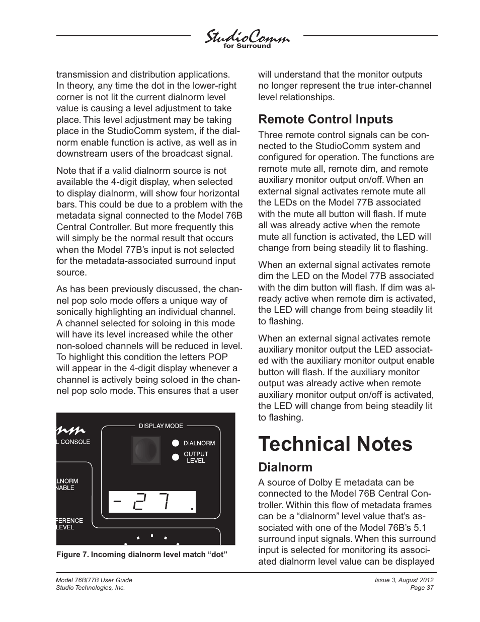 Technical notes, Remote control inputs, Dialnorm | Studio Technologies 76B 2012 User Manual | Page 37 / 45