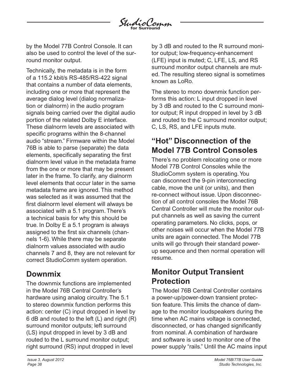 Downmix, Monitor output transient protection | Studio Technologies 76B 2012 User Manual | Page 38 / 45