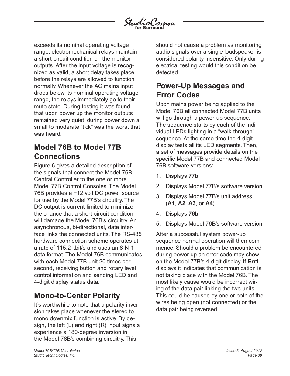Model 76b to model 77b connections, Mono-to-center polarity, Power-up messages and error codes | Studio Technologies 76B 2012 User Manual | Page 39 / 45