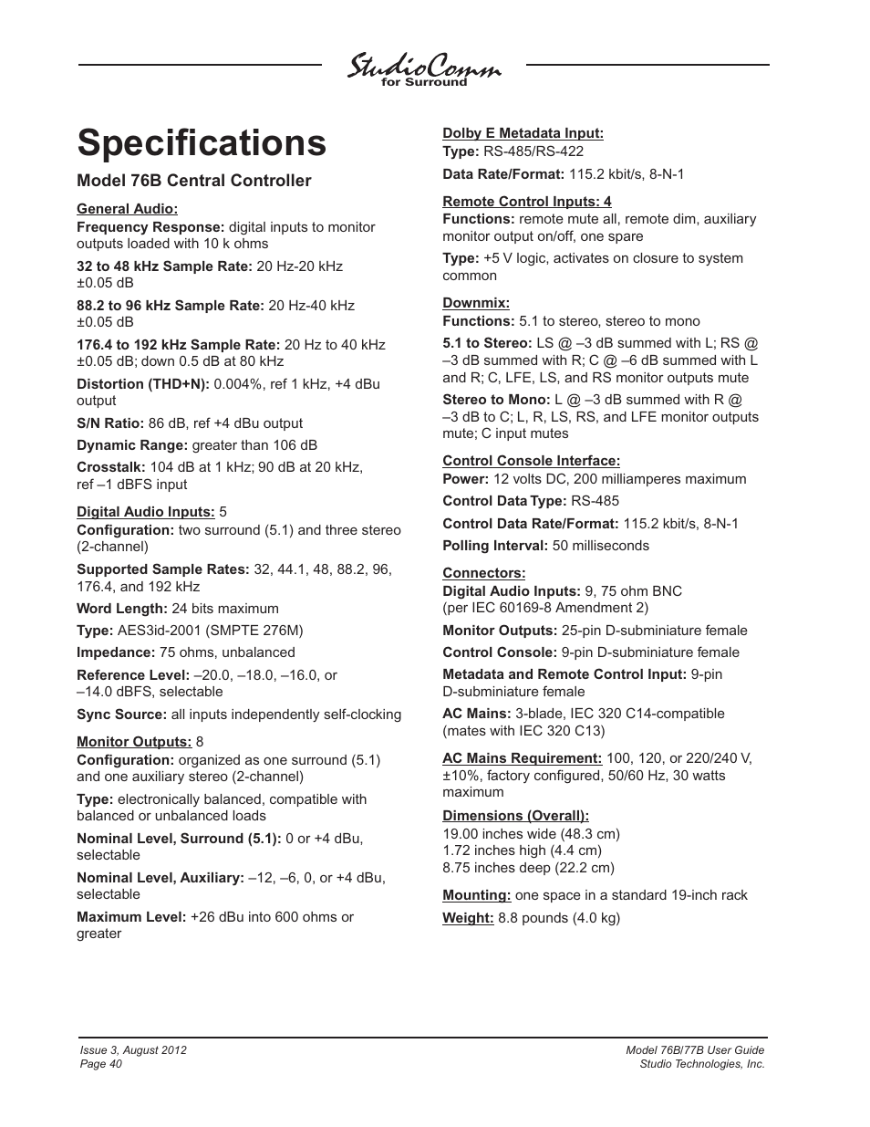 Specifications, Speciﬁcations | Studio Technologies 76B 2012 User Manual | Page 40 / 45