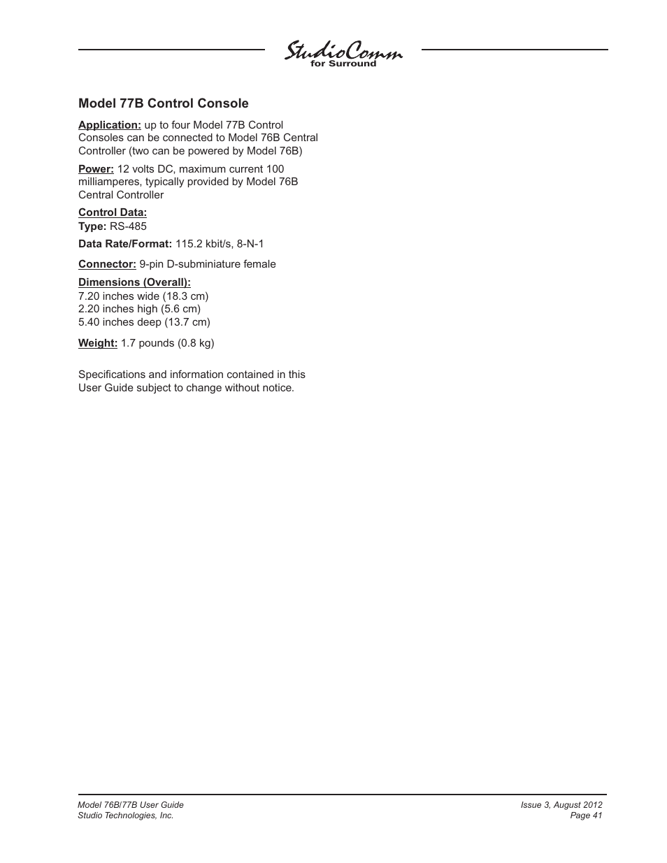 Model 77b control console | Studio Technologies 76B 2012 User Manual | Page 41 / 45