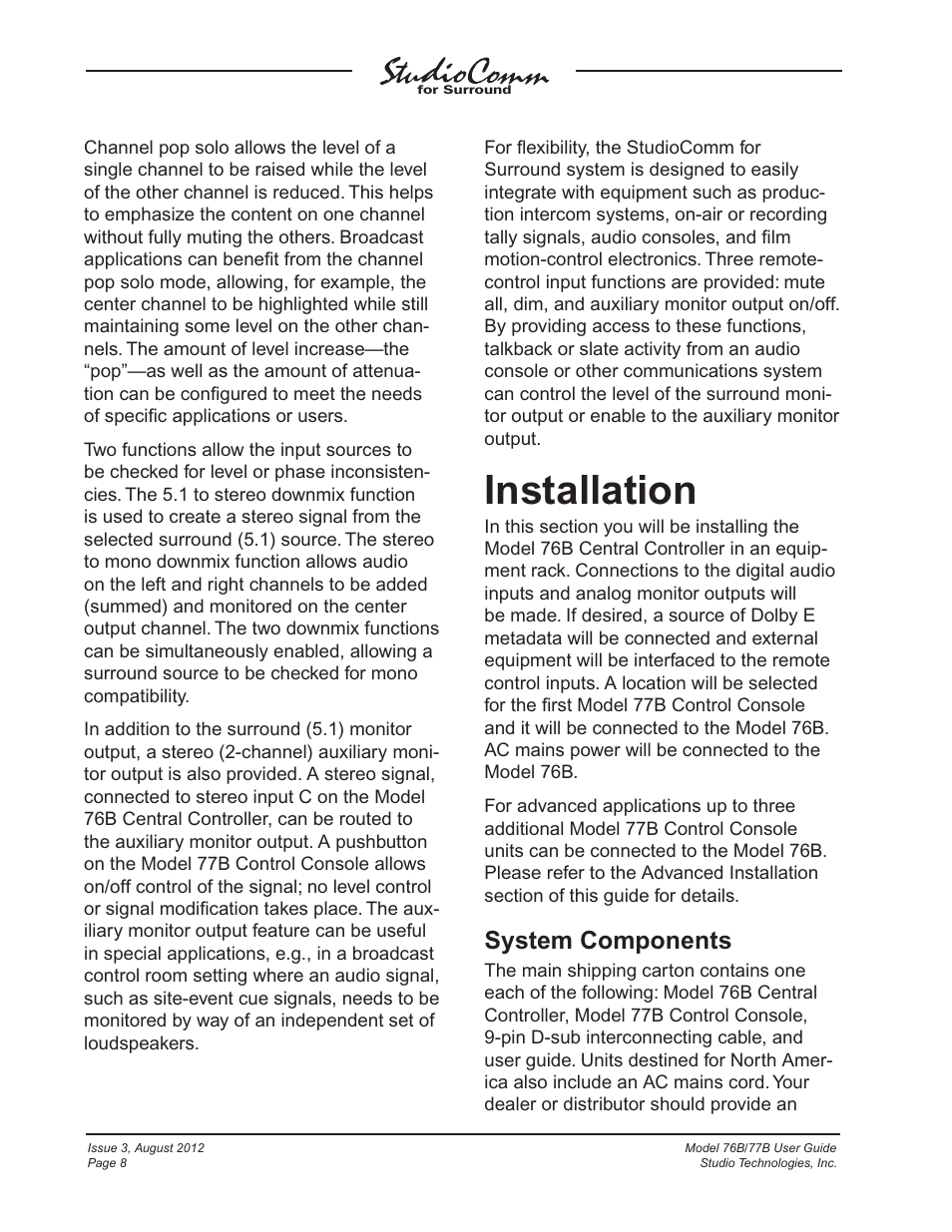 Installation, System components | Studio Technologies 76B 2012 User Manual | Page 8 / 45